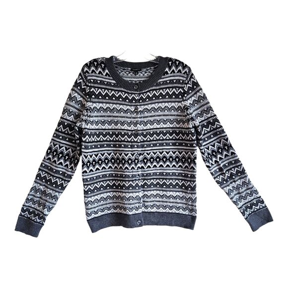 Talbots Sweaters - TALBOTS Women M Cardigan Sweater Fair Isle Beaded Gray Black Lambswool Blend 36"